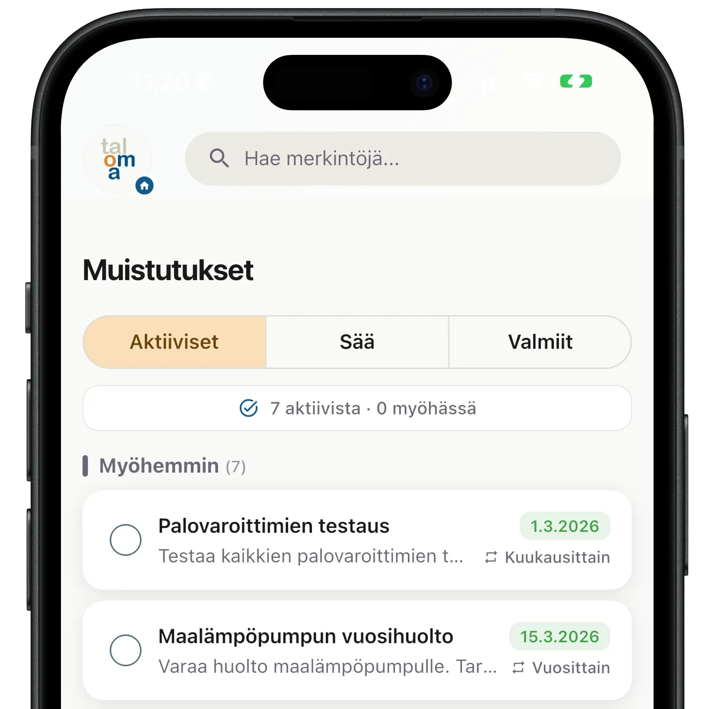 Taloma-sovelluksen muistutusnäkymä