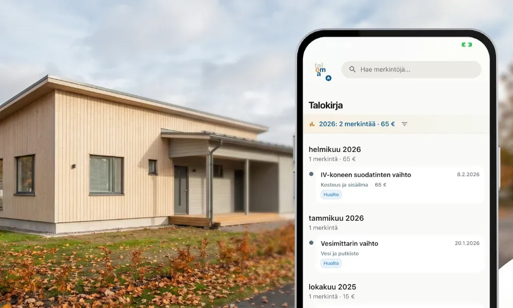Taloma-sovelluksen talokirja omakotitalon yhteydessä